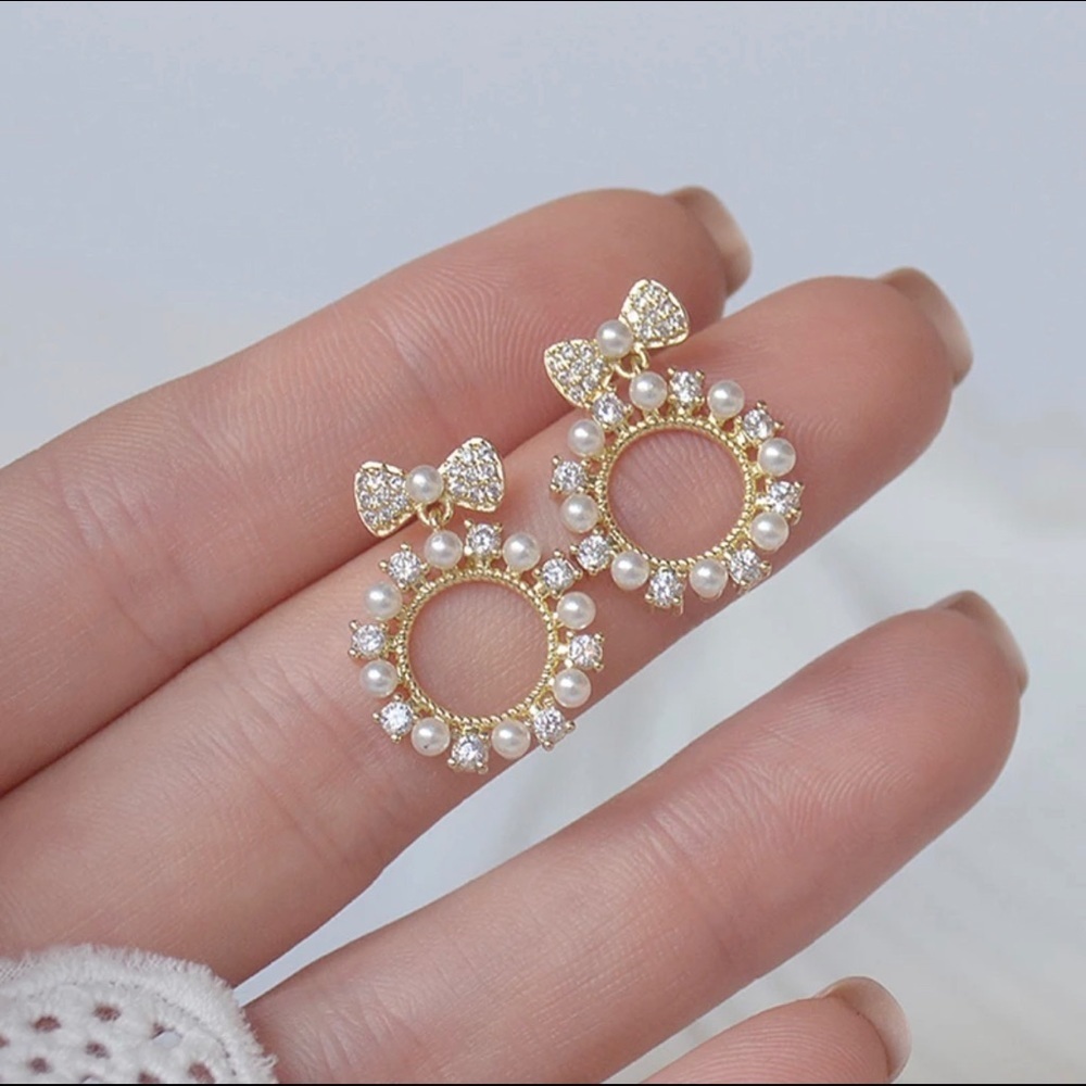 Bow & Pearl Stud Earrings  14K Gold Plated